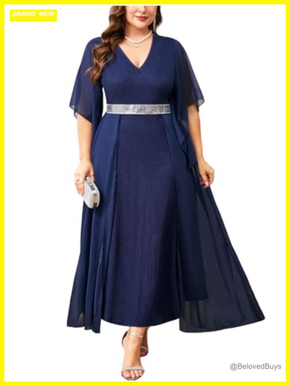 Plus Size Formal Maxi Dress V-Neck Handkerchief Sleeve Chiffon Gown